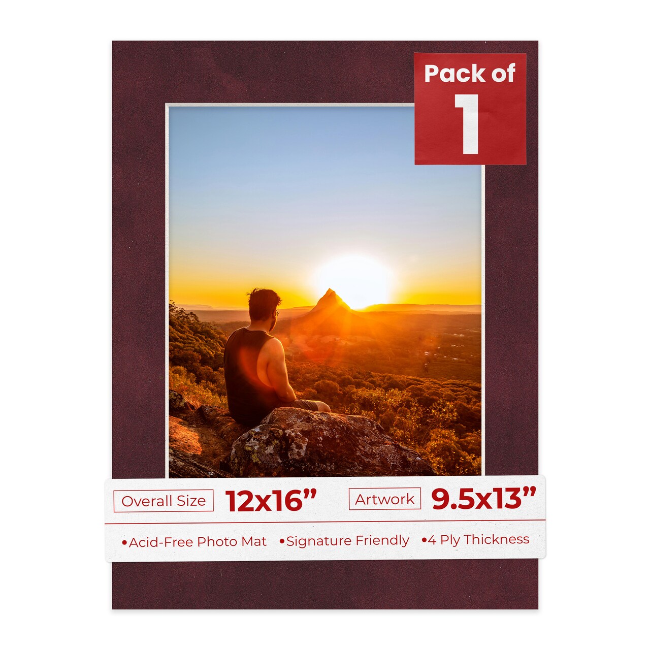 Dark Red Suede Mat Board for 12x16 Frames - Fits 9.5x13 Photos